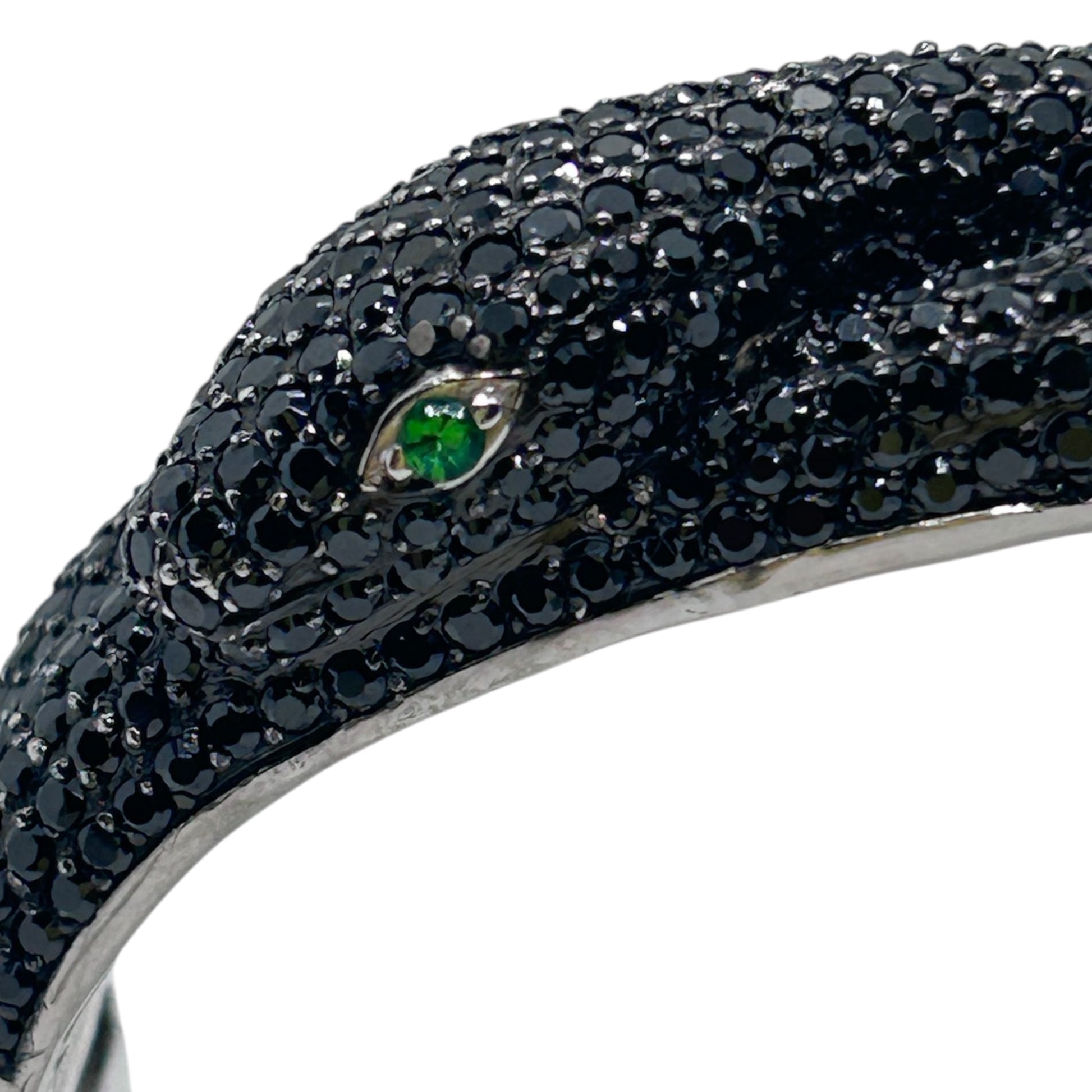 Sterling Silver Black Snake Bangle with green eyes