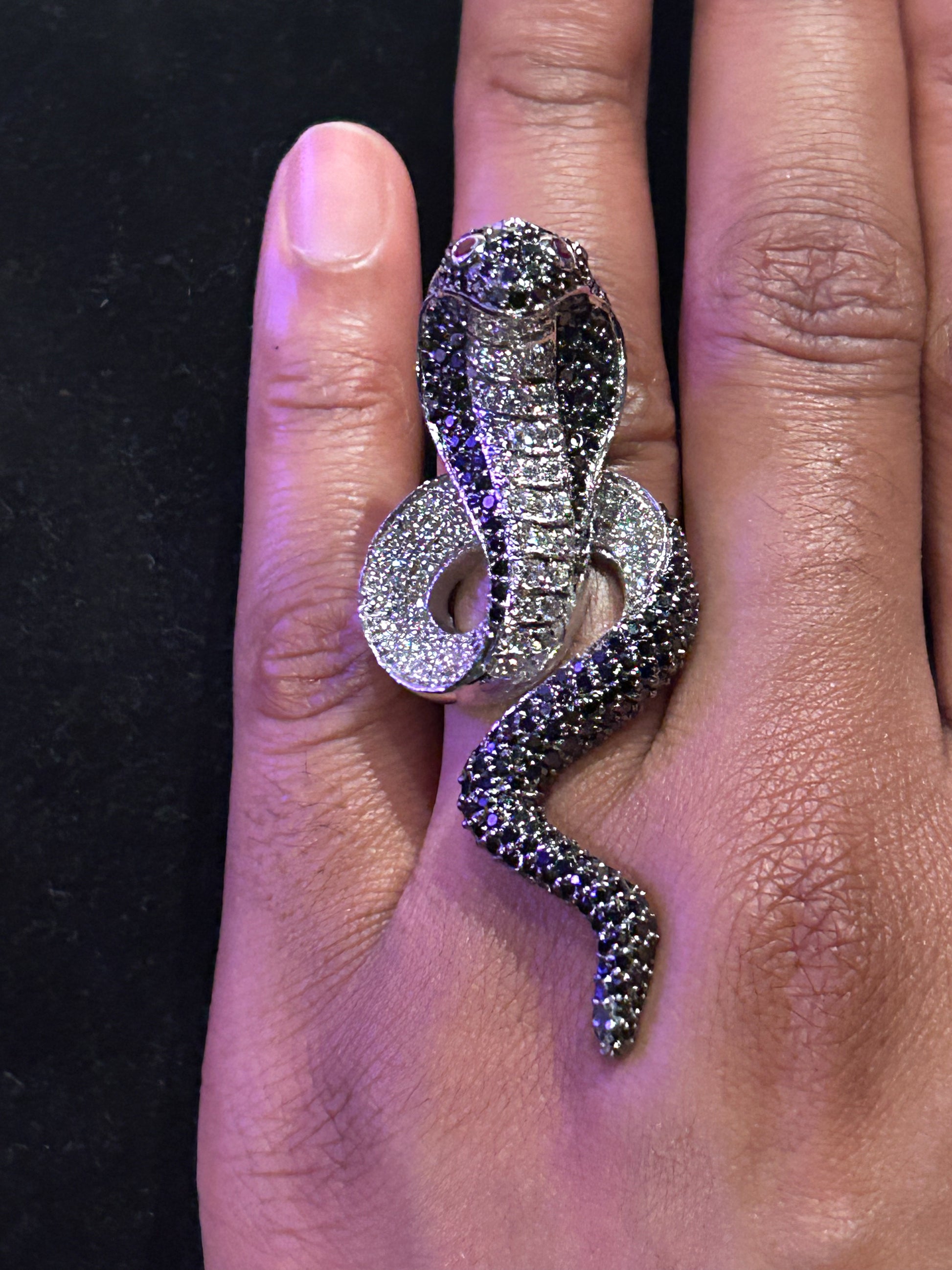 Luxury Sterling Silver Cobra Snake with Black and White Cubic Zirconia