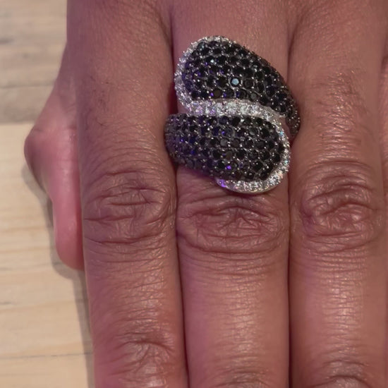 Luxury Sterling Silver and Cubic Zirconia Black Swirl Cocktail Ring