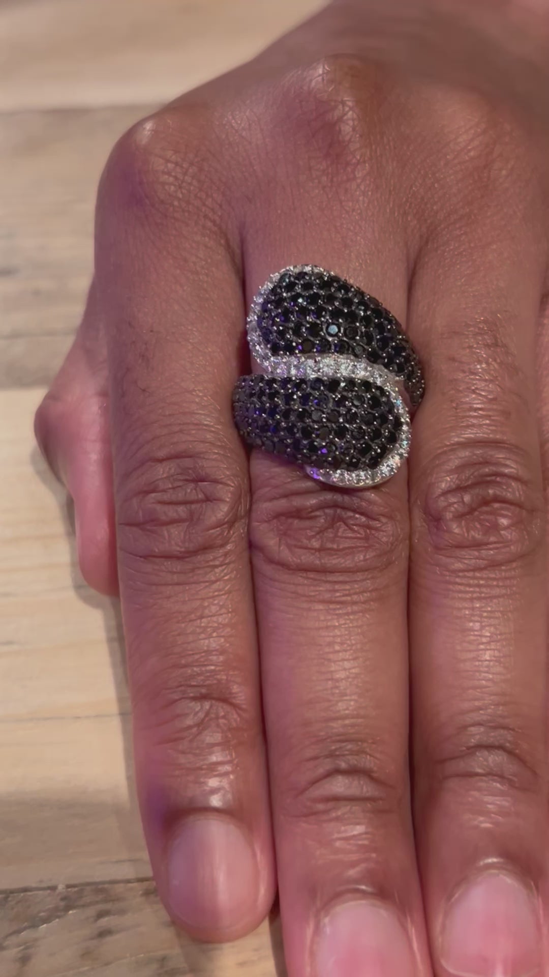 Luxury Sterling Silver and Cubic Zirconia Black Swirl Cocktail Ring