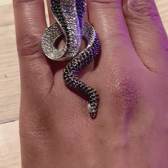 Luxury Black and White Sterling Silver Cobra Snake Statement Ring