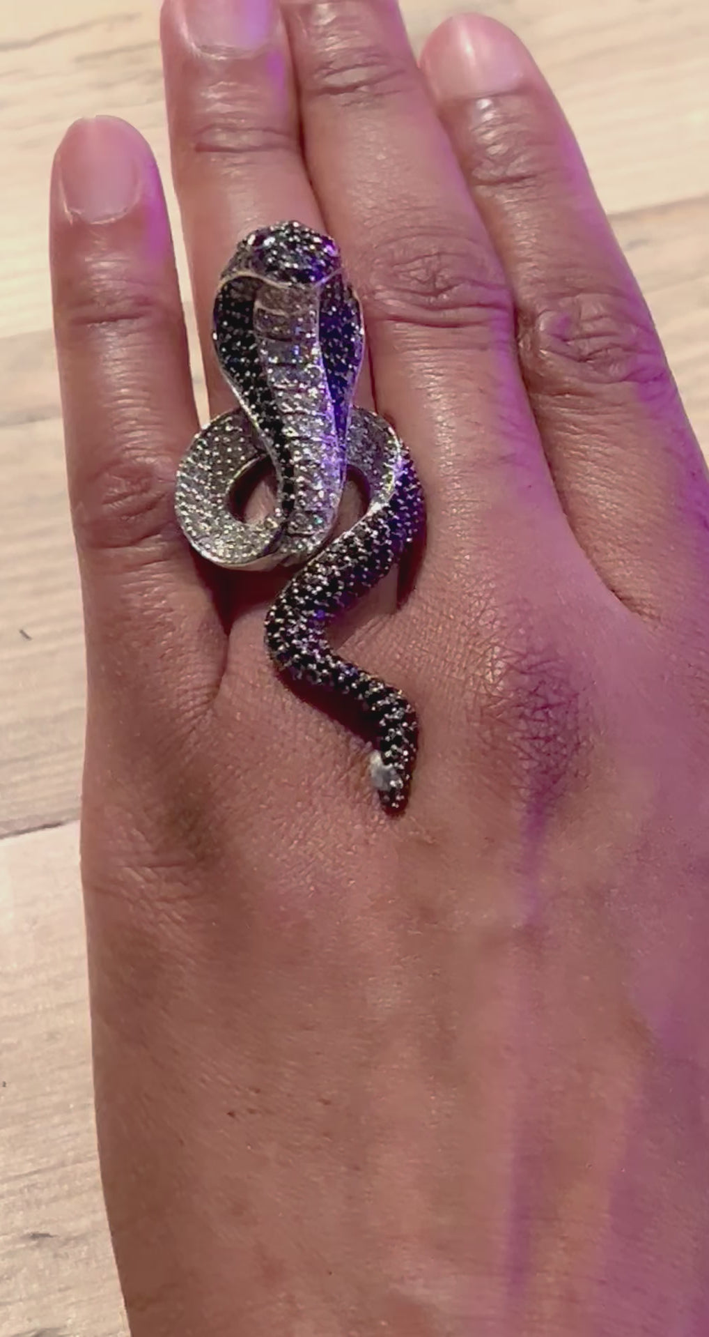 Luxury Black and White Sterling Silver Cobra Snake Statement Ring